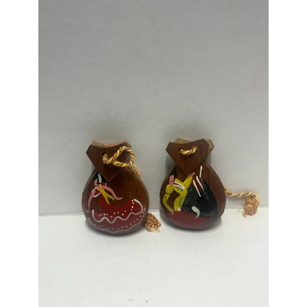 Vintage Castanets  Wooden Percussion rustic‎ Set of  2 Spanish Castanuelas